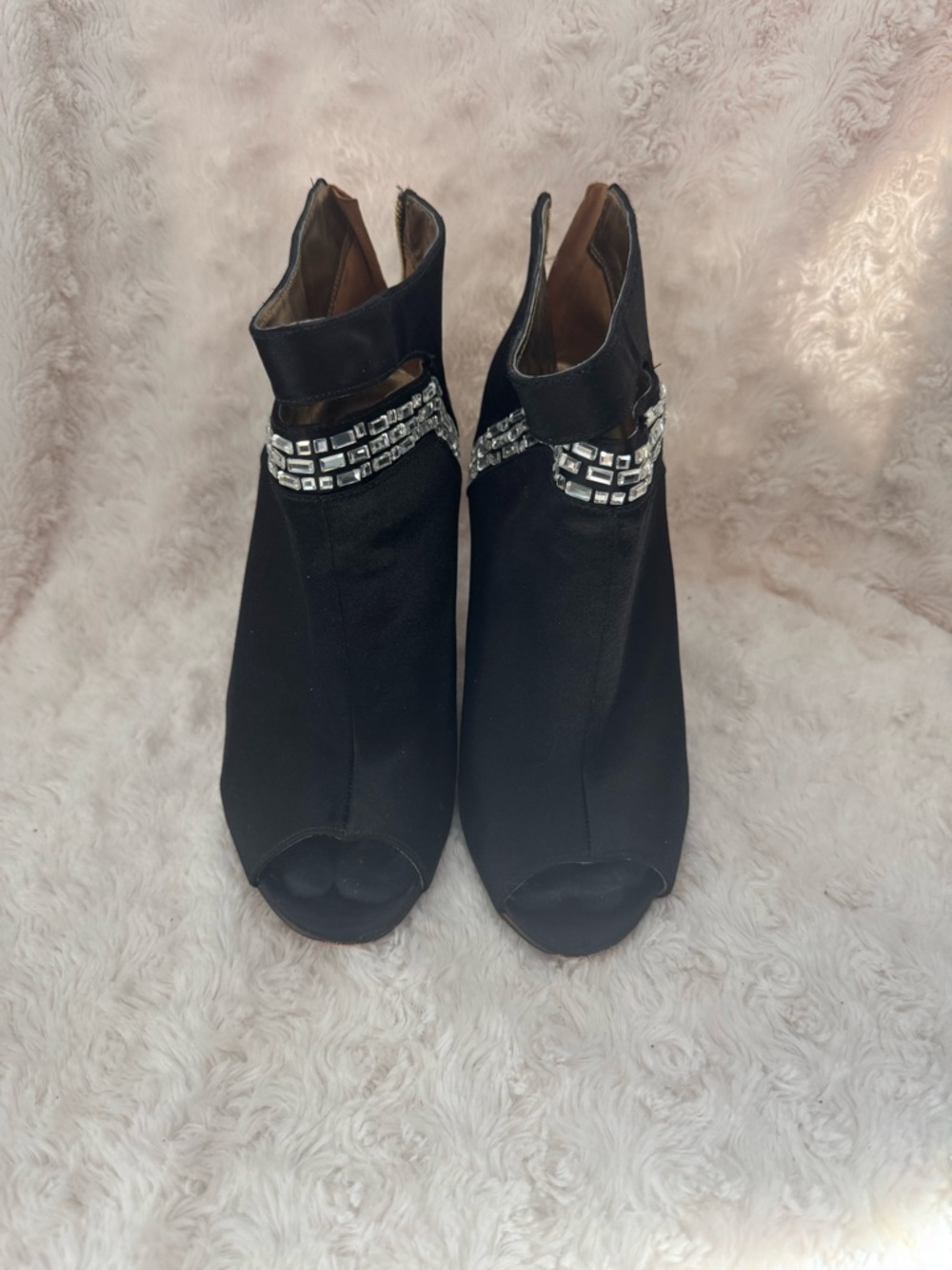 Women’s Nine West Black Peep-Toe Ankle Boots with Rhinestone Trim